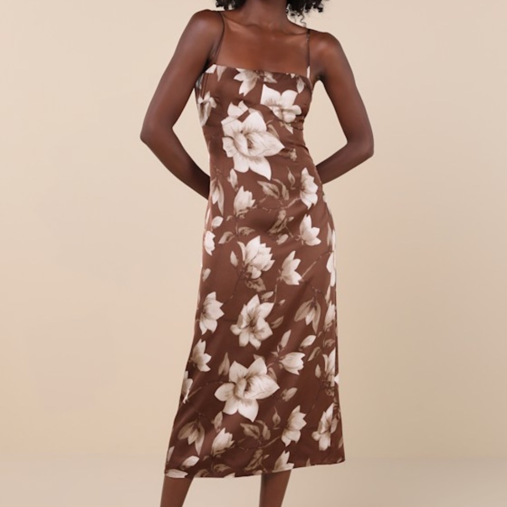 Lulus Naturally Serene Brown Floral Satin Seamed Midi Dress - Size XS